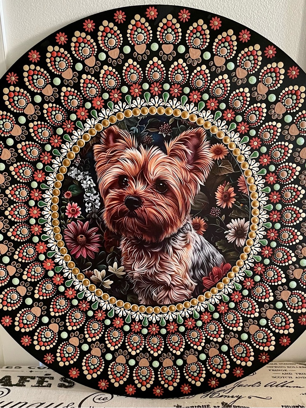 Handpainted Decorative Yorkie Mandala Wall Art β Black, Gold, Pink Accents